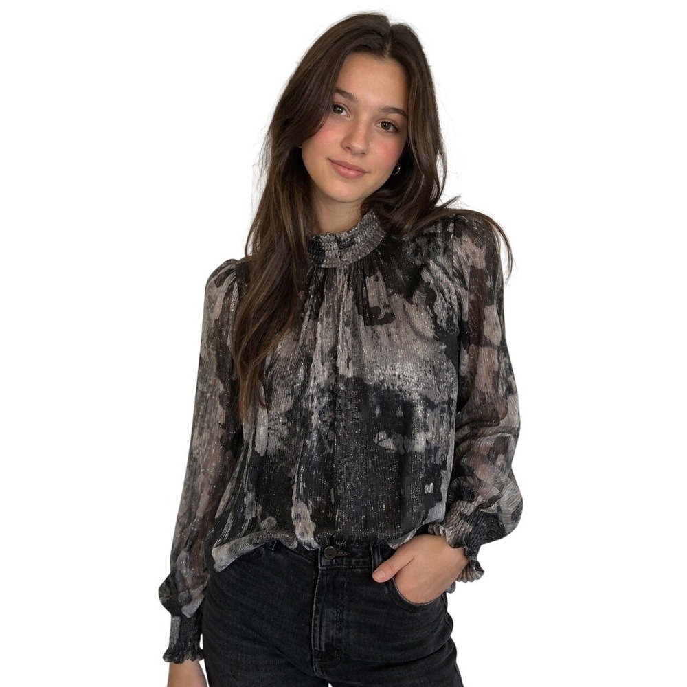 Evereve Womens Metallic Smocked High Neck Abstract Floral Blouse Size M‎